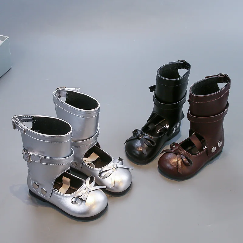 Girls Leather Autumn Boots Flat Shoes with Bowknot