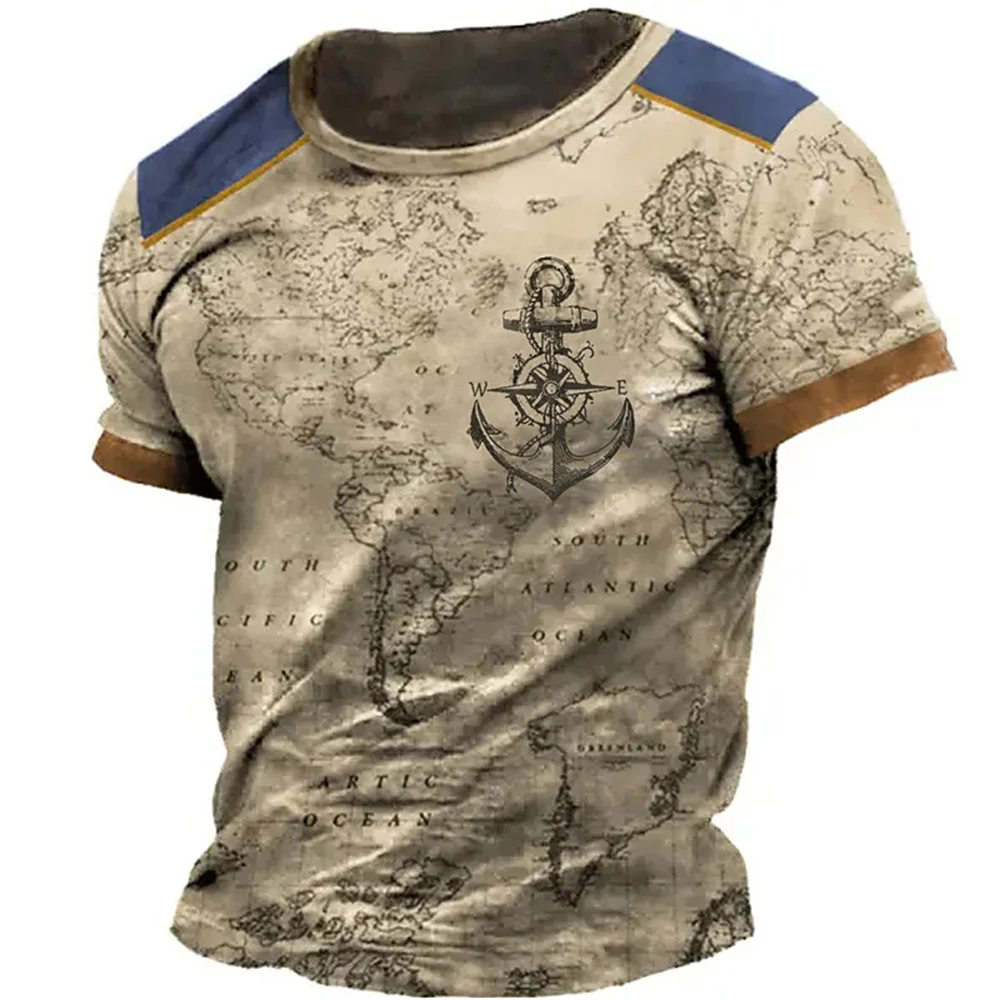 Summer Fashion Personality Retro Navigation Compass graphic t shirts For Men Trend Vintage Printed O-neck Short Sleeve Tees Tops