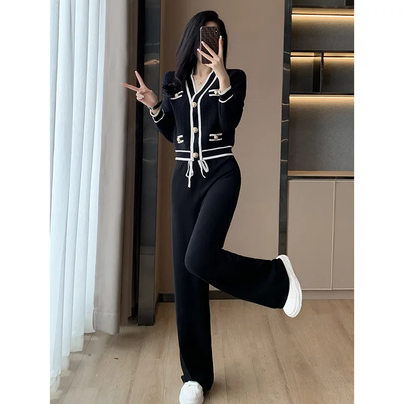 Tesco Women's Suit Blazer And Pants Knitting 2 Pieces Set High Quality Cardigan And Wide Leg Pants For Office Lady ropa de mujer