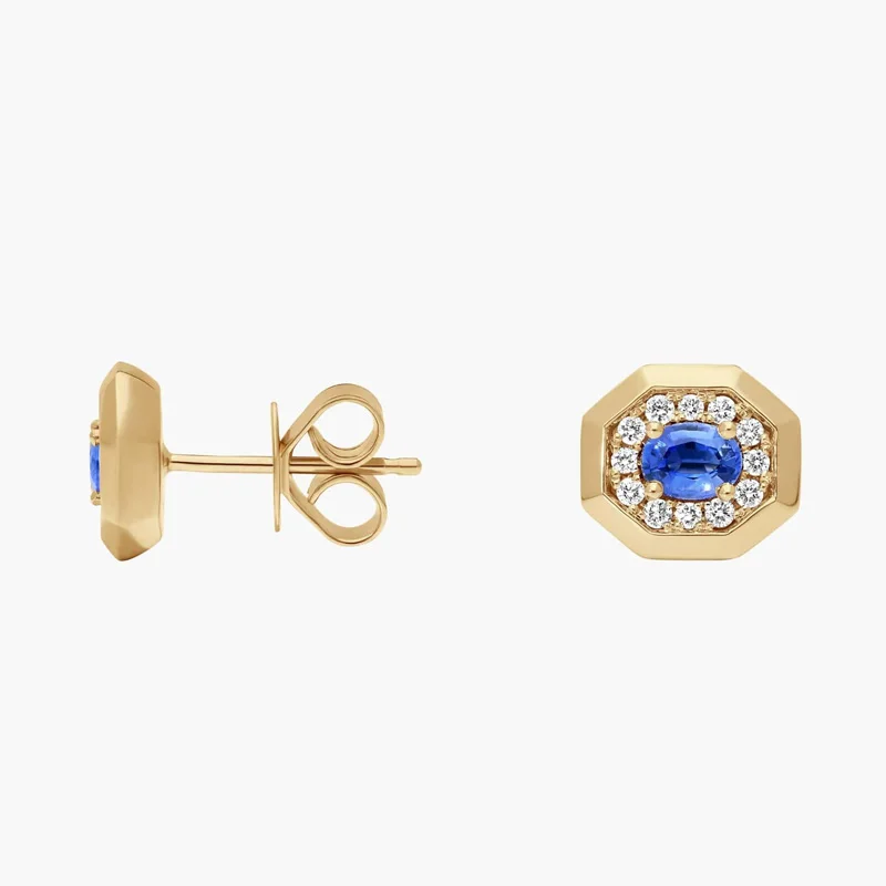 Luxuriöse Ovale Labor-Saphir-Ohrringe Labor-Gezüchtete Saphir- und Diamant-Ohrringe 9K/14K/18K Gelbgold Halo-Stil Ohrstecker – Detail 3