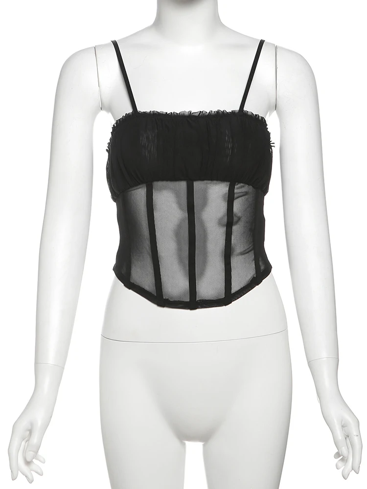 Nibber See Through Mesh 2 Piece Set Women Sexy Backless Camisole+Contrast Patchwork Ruched Skirts Hot Girls Wild Style Suits