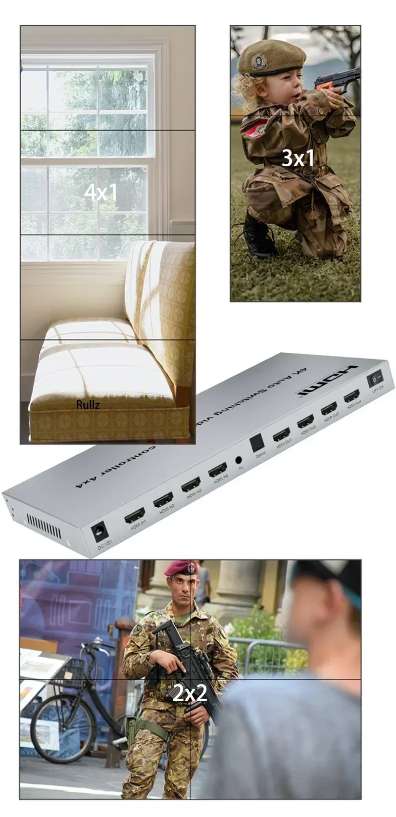HDMI   Ʈѷ, ڵ Ī, Ƽ ũ ö̽ μ, TV ö̼, 4 Է  4 , 4K, 4x4, 1x3, 1x4, 2x2