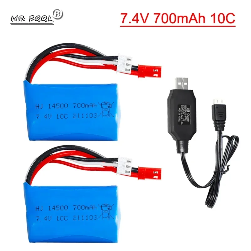 

7.4v 2S 700mAh 10C 14500 Lipo battery with USB cable For MN45 WPL D12 RC Car Boat Gun Speedboat Part Toys