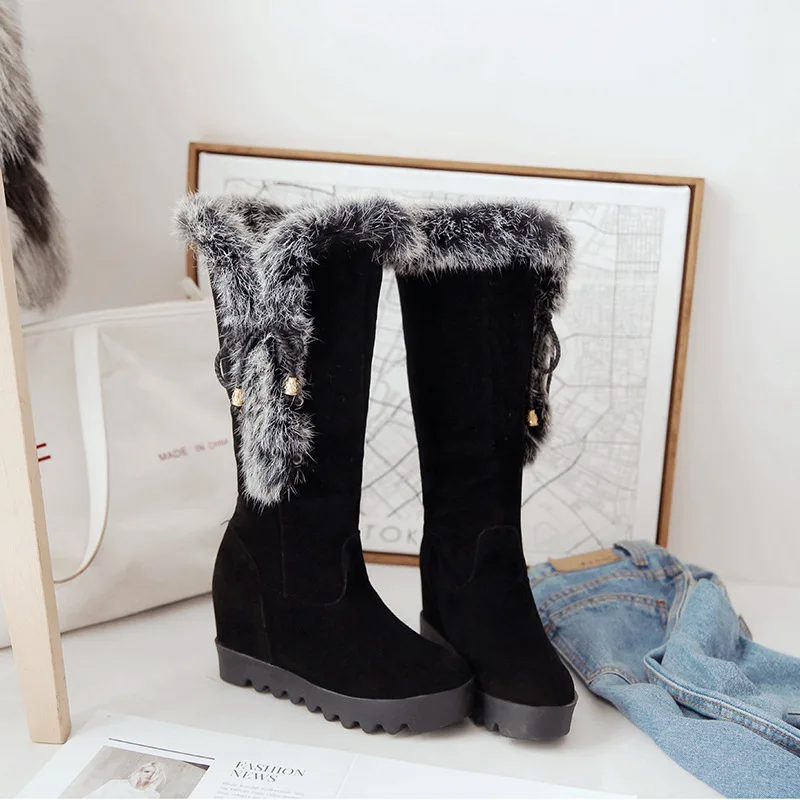 

Winter Faux Fur Long Boots Women Warm velvet Round Toe Wedged Heeled Knee High Lace Up Snow Boots Outwear Girls Casual Shoes