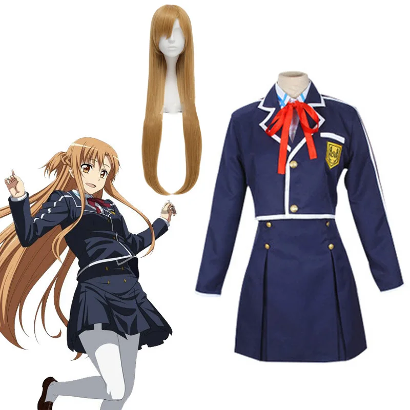 

Sword Art Online SAO Yuuki Asuna School Uniform Coat Shirt Skirt Anime Outfit Customize Cosplay Costumes Wig