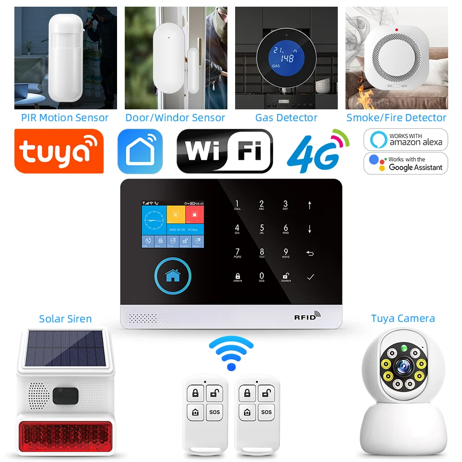 4G GSM Wifi Wireless Home Alarm System Tuya Smart Home Child Safety Protection Camera Anti-theft Smart Life App Works with ALexa
