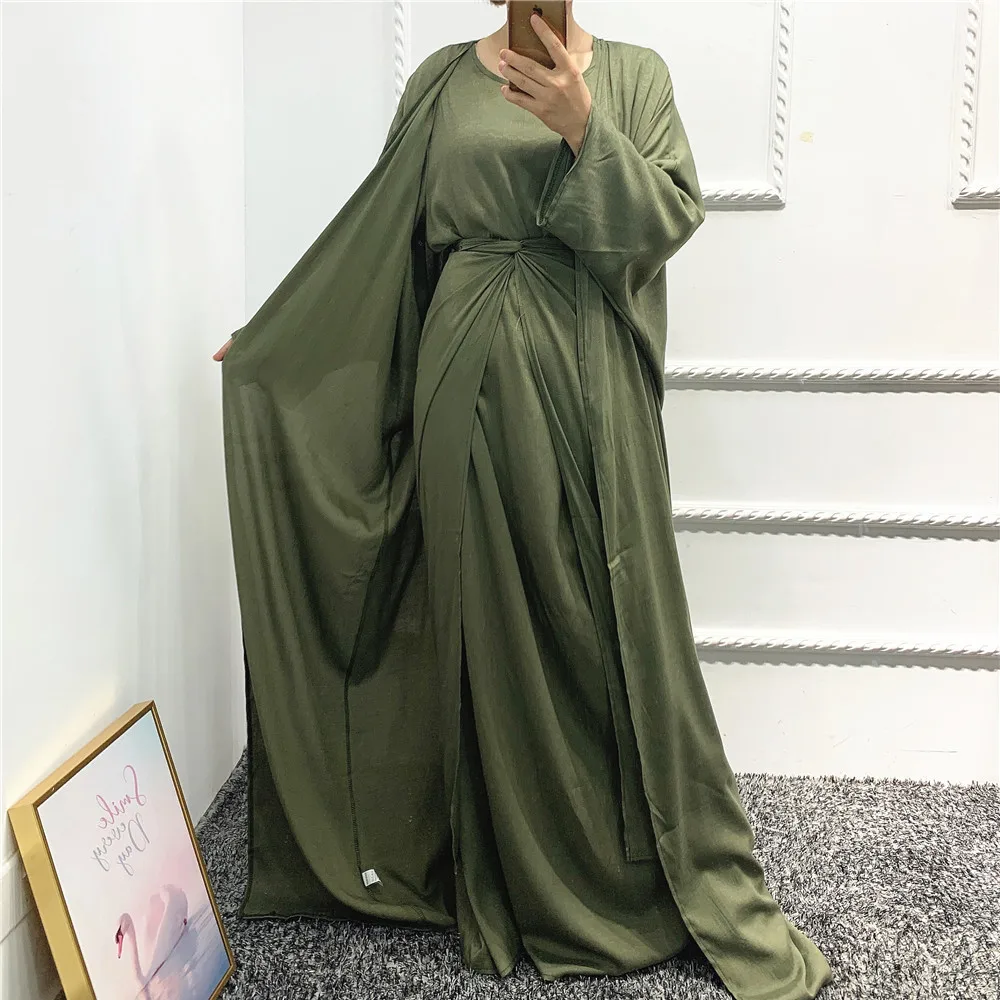 

3 Piece Matching Set Satin Women Turkey Muslim Dresses Dubai Outfit Plain Hijab Kimono Open Abaya Maxi Dress Wrap Skirts Ramadan