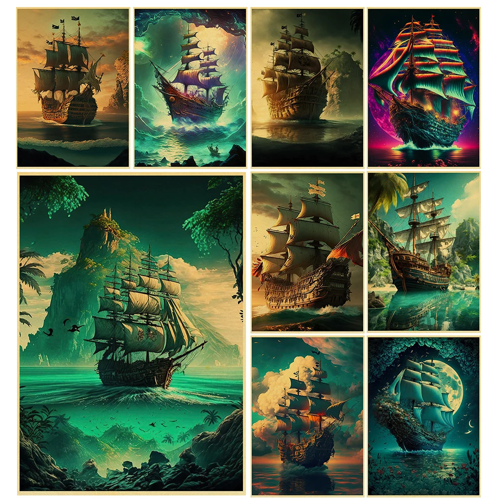 

Black Pirate Ship Canvas Poster Vintage Sailing Ship Sea Storm Canvas Cartoon Painting Home Decoration Wall Art Room Home Decor