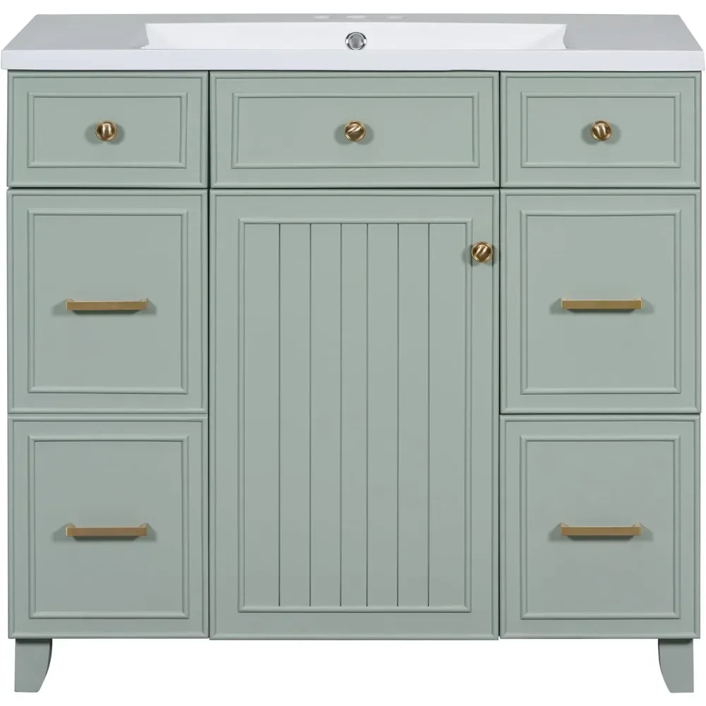 Bathroom Organizers, 36" Bathroom Vanity With Sink, Modern Green Bathroom Vanity With 3 Drawers & Cabinet, Bathroom Cabinet With 6