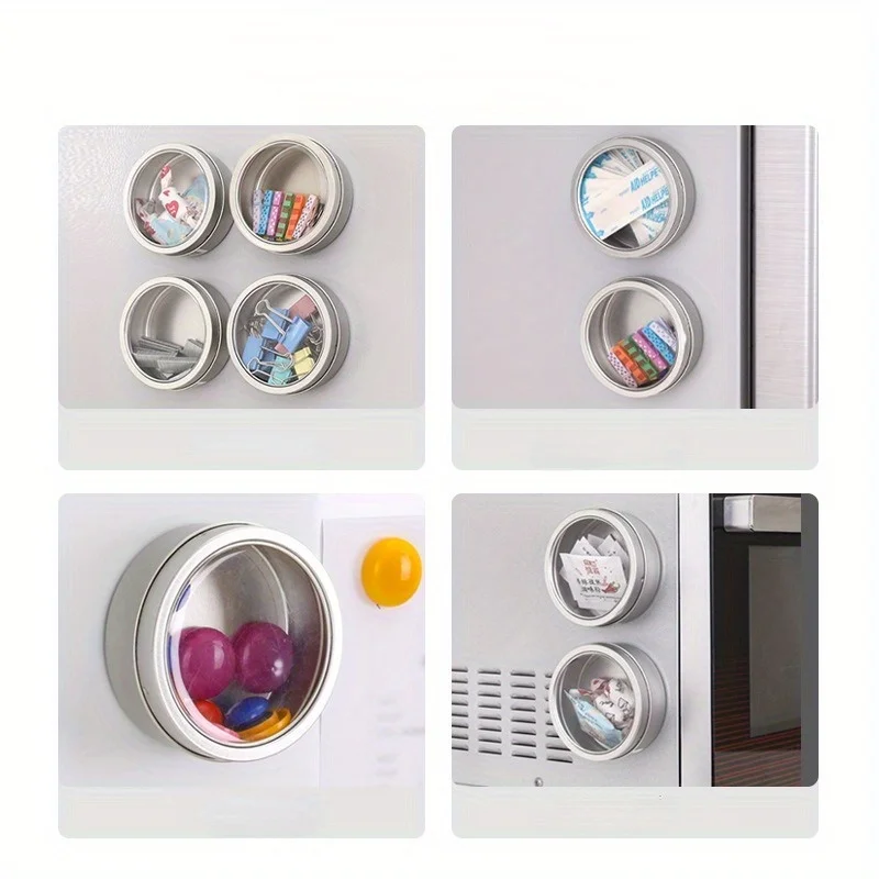 Magnetic Fridge Organiser Round Tin Box With Magnet Kitchen Spice Storage Box Home Office Organisers With Transparent Cover 3