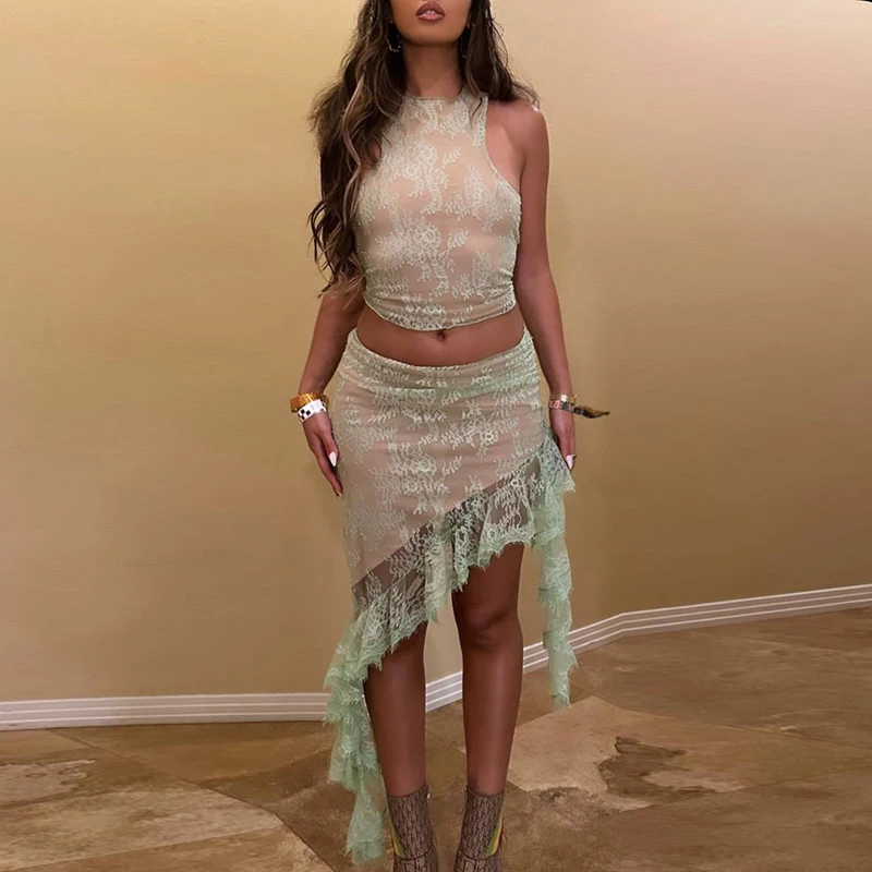 

Floral Print Lace 2 Piece Set Vintage Women Sleeveless Tank Tops + Irregular Ruffles Strap Bodycon Skirt Y2K Crop Top Streetwear