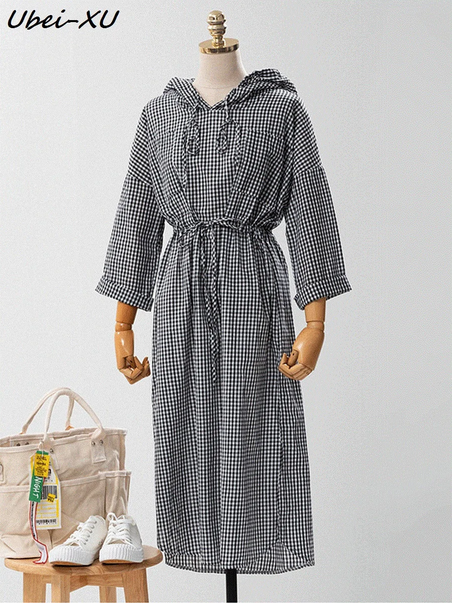 

Ubei Women black&white plaid dress fashion loose dress casual hooded cotton dress