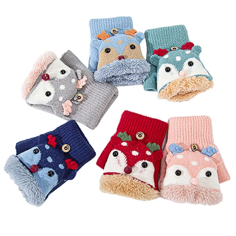 

4-12 Years Winter Kids Gloves Boys Knitted Half Finger Flip Gloves Cartoon Christmas Deer Plush Thick Warm Girl Children Mittens