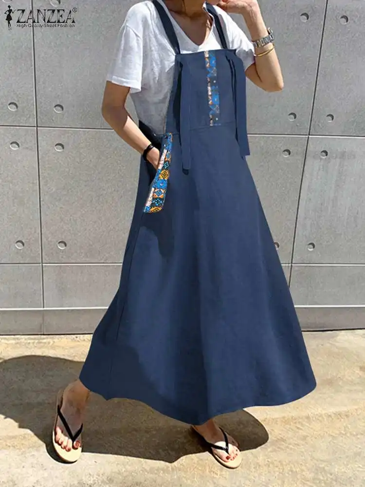Women Casual Dresses ZANZEA Casual Loose Poket Dresses Women Straps Suspender Dress Korean Cotton Vestidos Summer All-match Maxi Robe