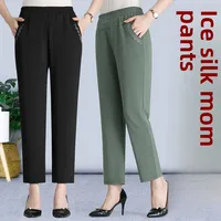 Summer Silk Mom Pants Women's Middle-Aged And Elderly Cropped High-Waisted Elastic Straight-Leg Casual Pants Thin Style