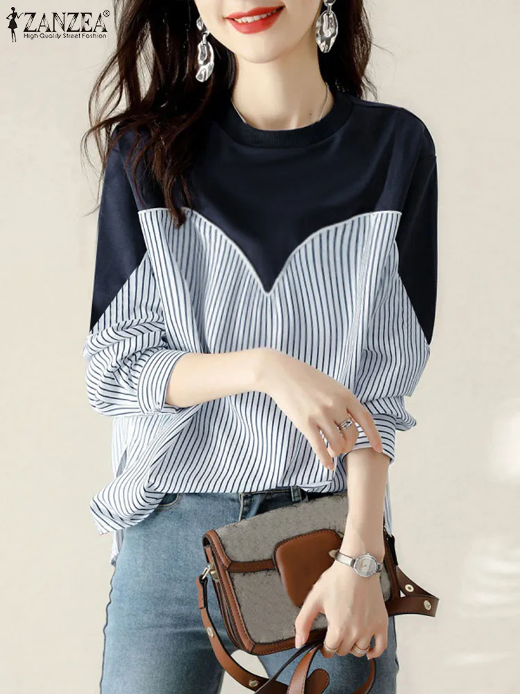 

Модные свитшоты ZANZEA в полоску в стиле пэчворк Женская Осенняя Элегантная блузка большого размера с длинными рукавами и манжетами на пуговицах 2023