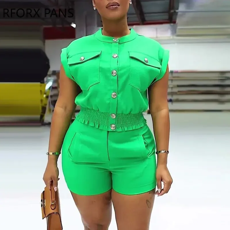 

Женский шикарный однотонный костюм с украшением на пуговицах, рубашка с короткими рукавами и шорты, повседневные короткие комплекты с карманами, 2023