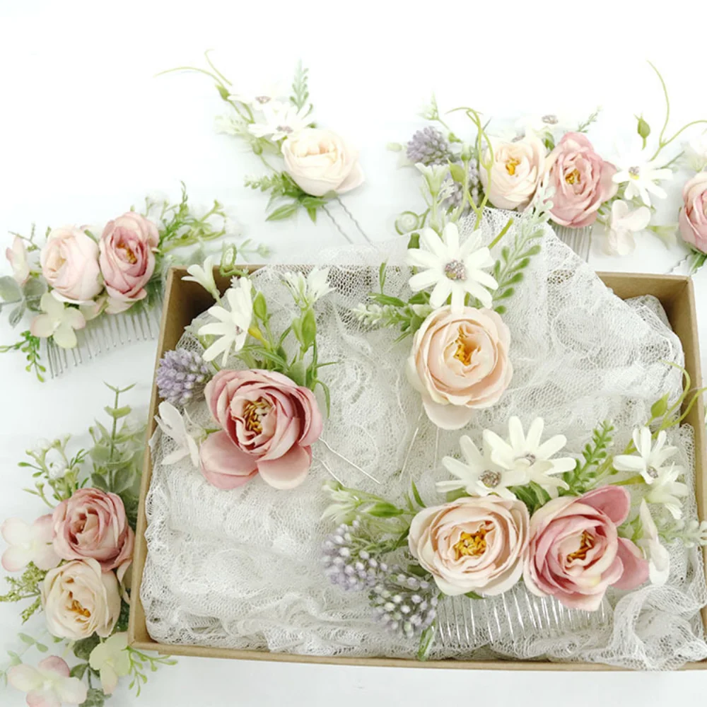 Vintage Pink Silk Rose Bridal Headwear for Wedding Handmade Hair Comb Set Florals Green Leaves Pisn tocado para cabello novia
