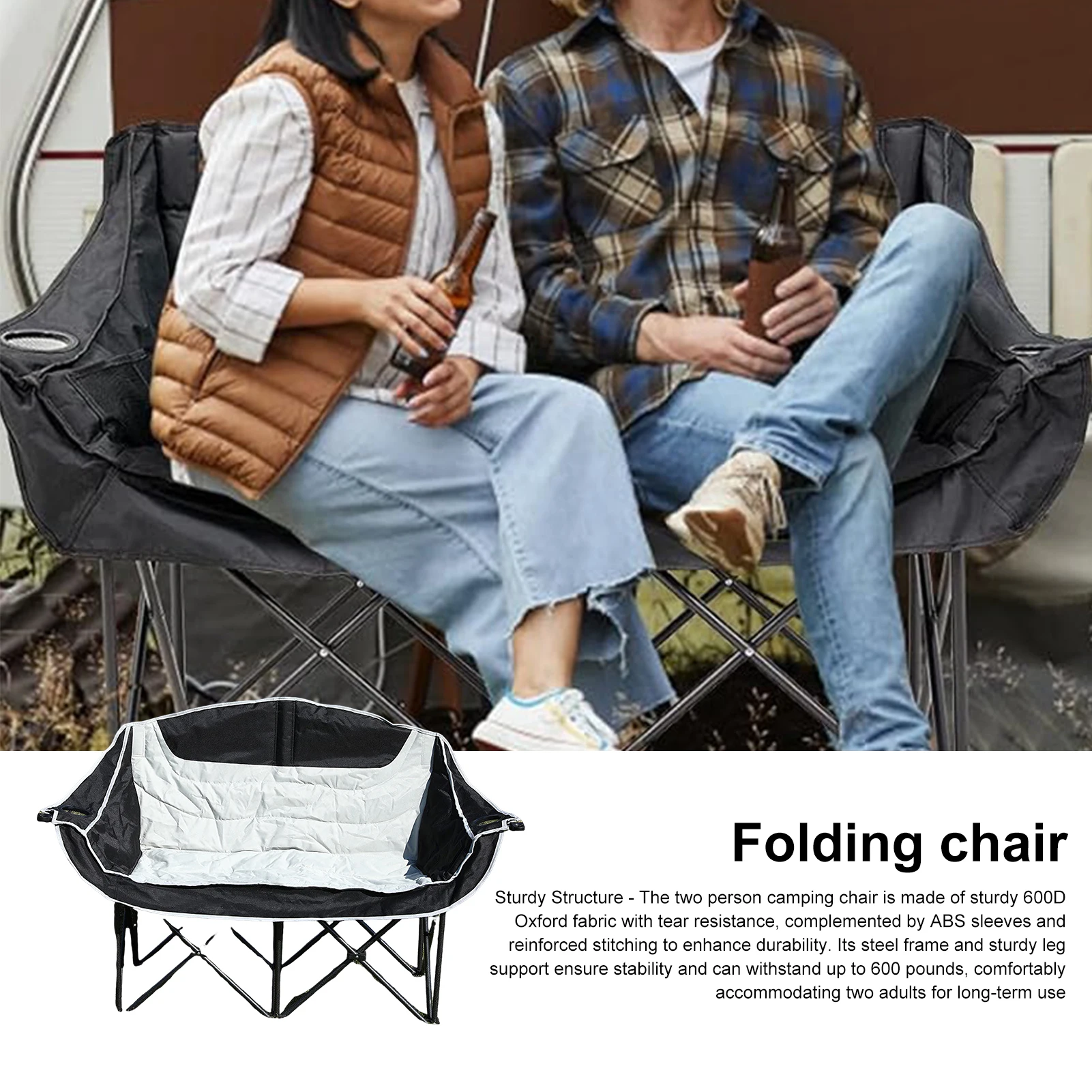 Double Seat Collapsible Chair with Cup Holder Foldable Design Strong Load-bearing Waterproof Fabric Oversized Loveseat Camping 2