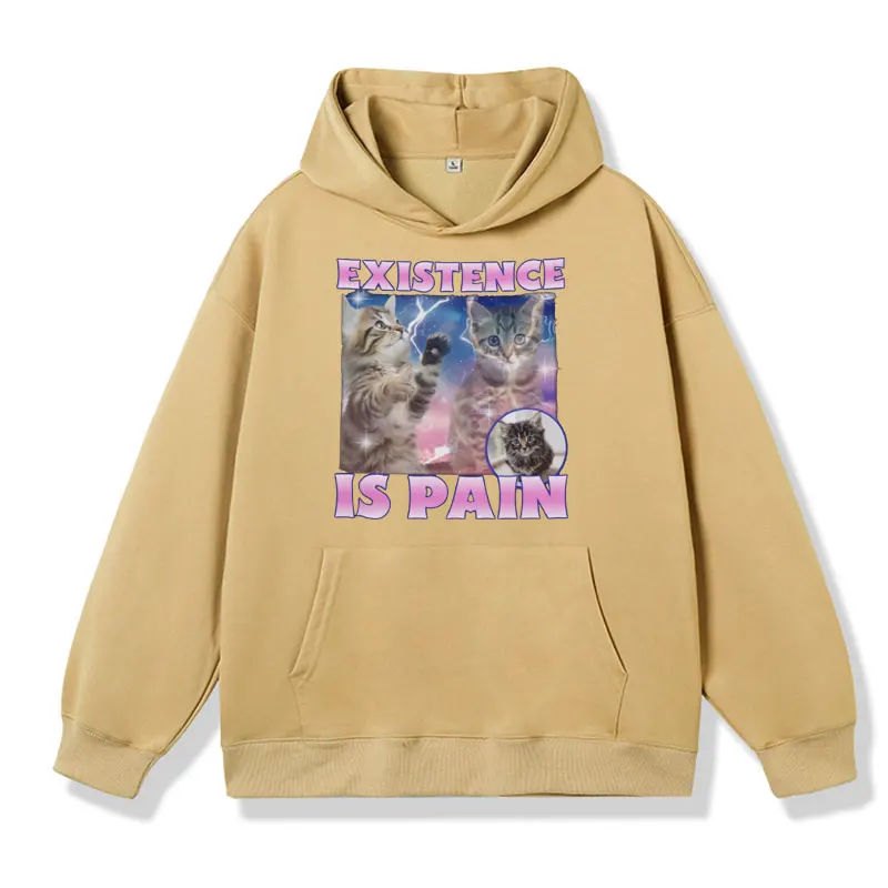 Existence Ls Pain Funny Cat Printed Hoodie Male Fashion Sweatshirt Autumn and Winter Oversized Long Sleeve Fleece Pullover Men