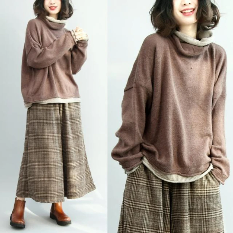 

False-two Turtleneck Pullovers Vintage Clothes Sweater Oversize Knit Long Sleeve Tops Tees Korean Knitwear Loose Casual 2023 New