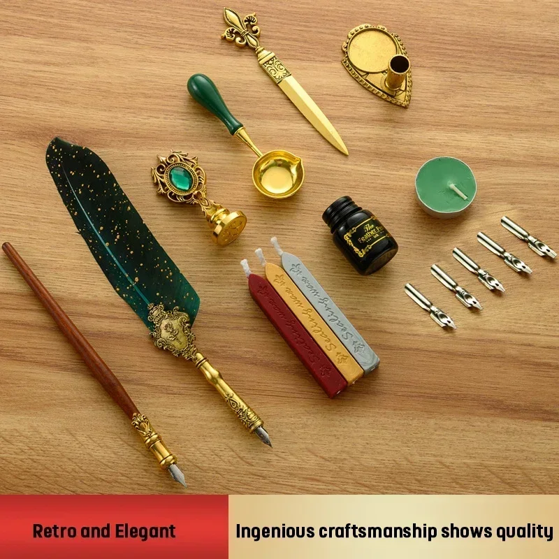 Antique Feather Dip Pen Kit Retro Wooden Dip Pen Set Classic Wax