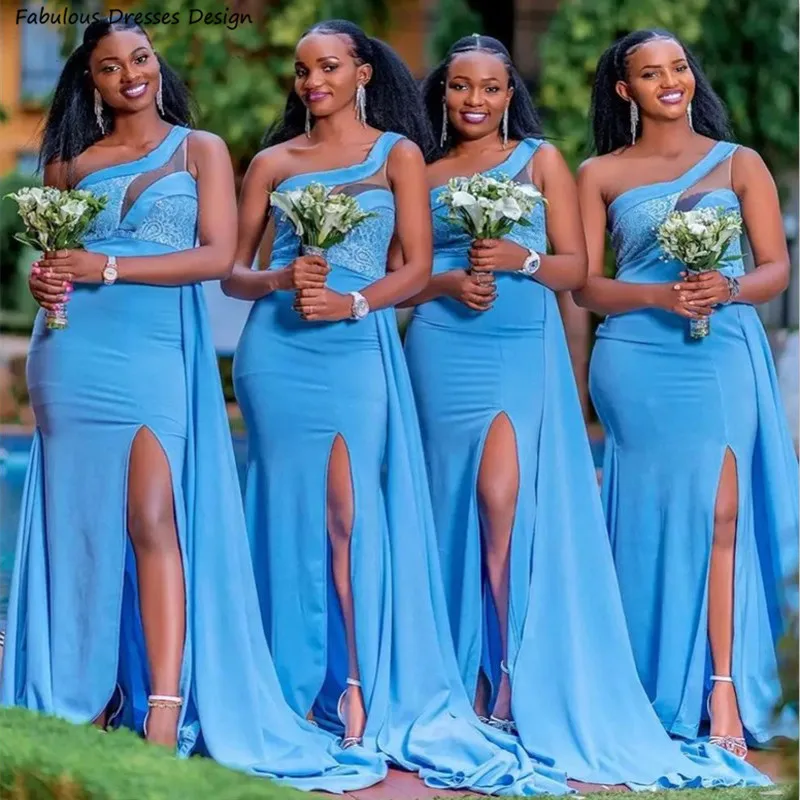 

Light Blue Mermaid Long Bridesmaid Dresses One Shoulder Applique Lace Streamer Wedding Party Dress For African Women Prom Gown