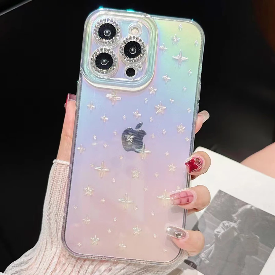 

Transparent Gradient Color Star Glitter Covers For iPhone 15 14 13 12 11 Pro Max Jewelled Lens Protective Film Galaxy Phone Case