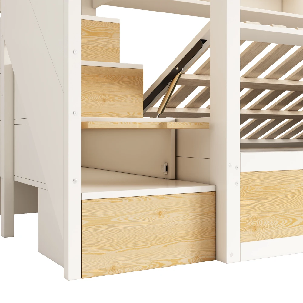 Children Bunk Bed with Staircase Storage 90x200cm Double Bed Safety Lattice No Mattress Included