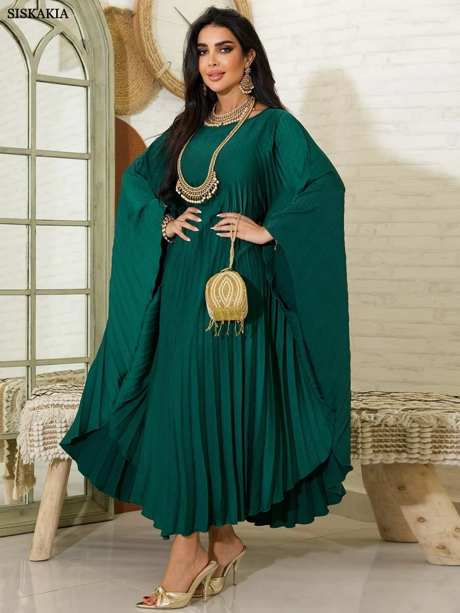 

Siskakia Muslim Fashion Solid Pleats Maxi Size Batwing Sleeve Long Dresses 2024 New Saudi Moroccan Women Kaftan Turkish Abayas