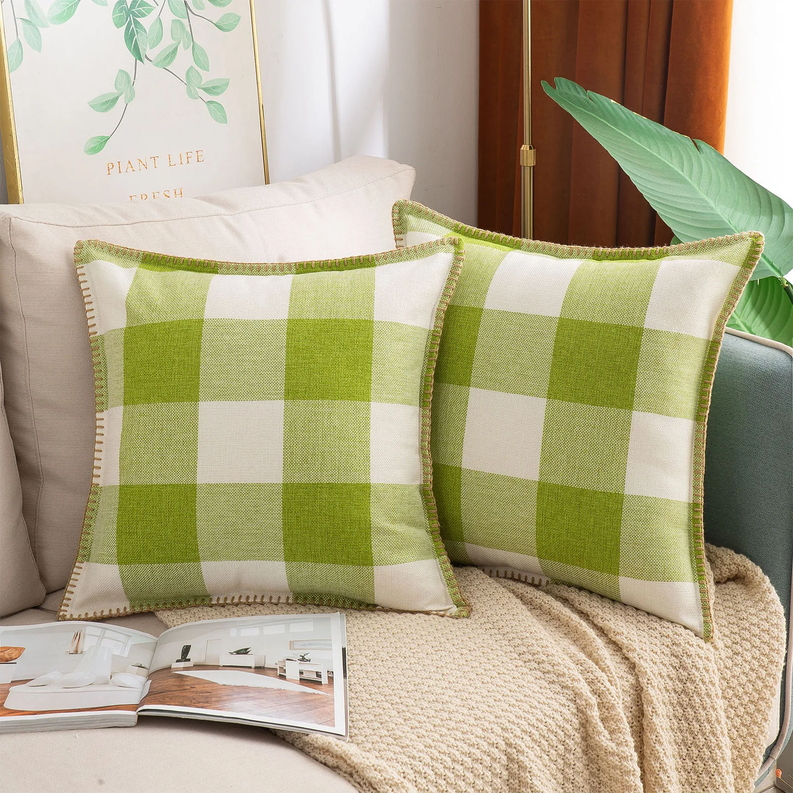 

Olanly Plaid Pillow Cover 2PC Linen Decorative Cushion Case For Sofa Couch Chair Throw Pillowcase Home Textile Set Decoration