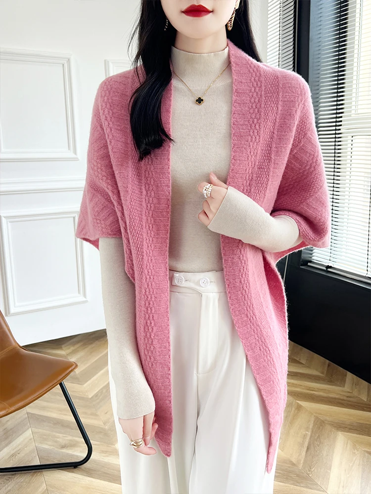Women 100% Merino Wool Shawl Cardigan Spring Autumn Winter Soft  Pure Colour Cashmere Scarf Sweater Korean Fashion Shawl Tops 2