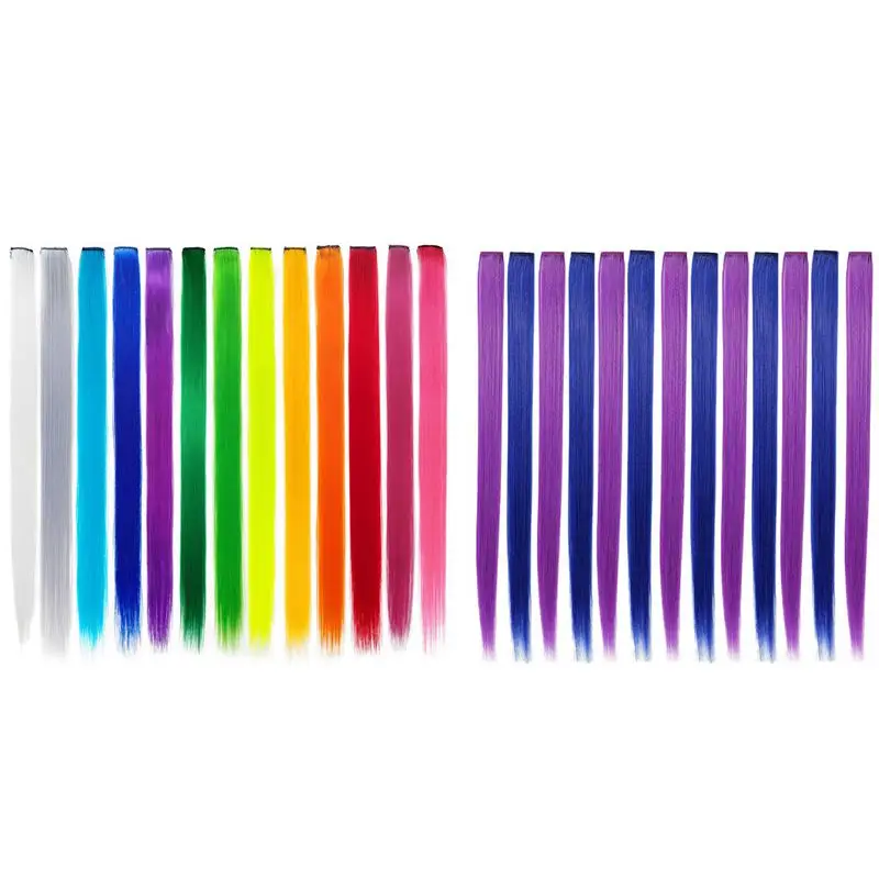 

13 Pcs Colored Party Highlights Colorful Clip In Hair Extensions 55Cm Purple + Blue & 13 Pcs Rainbow