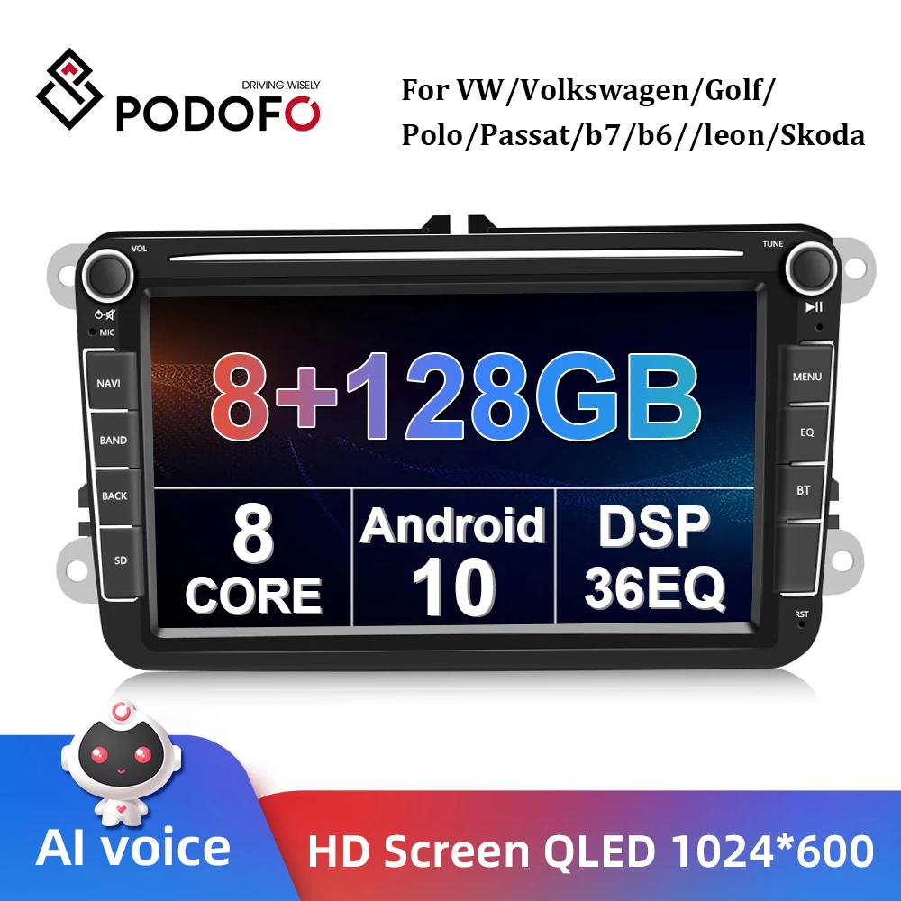Podofo 2 Din Android 10 8 + 128 GPS Автомобильный мультимедийный плеер Авто радио для