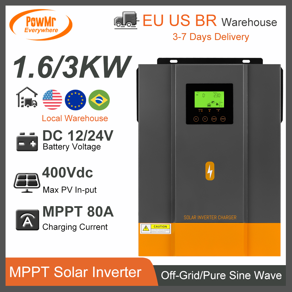 PowMr Off-Grid Inverter 3KW 1.6KW 12V 24V AC 230V Built MPPT 80A Solar Charge Pure Sine Wave Max PV 400V Home Use Power Inversor