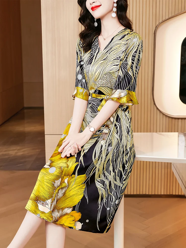 

Summer Elegant Fashion Print Short Sleeve Vestidos Female Temperament Waist V-neck Belt Midi Dresses Loose Casual Vintage Dress