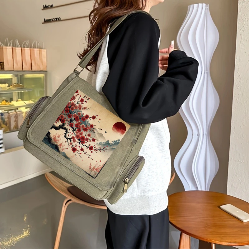Vintage Women's Shoulder Crossbody Bag Men's Messenger Bag Large Capacity Cherry Blossom Laptop Bag