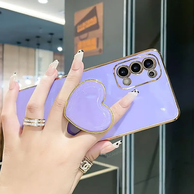 Luxury Plating Love Heart Silicone Phone Case with Foldable Holder