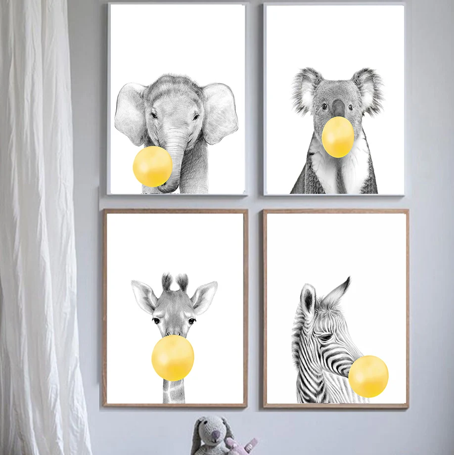 

Nursery Yellow Balloons Animal Wall Art Canvas Painting Zebra Koala Elephant Giraffe Posters and Prints for Kids Baby Room Decor