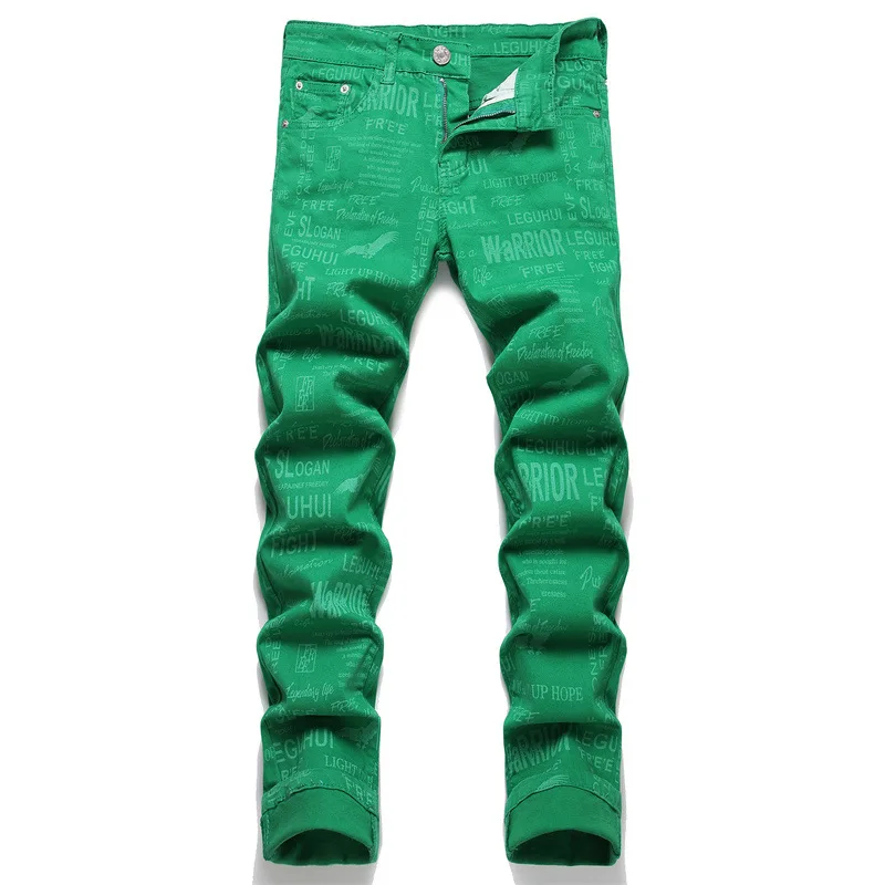 

European American Style New Summer Street Men's Jeans Digital Print Green Slim Trousers Mid-Waist Casual Hip Hop Clothing
