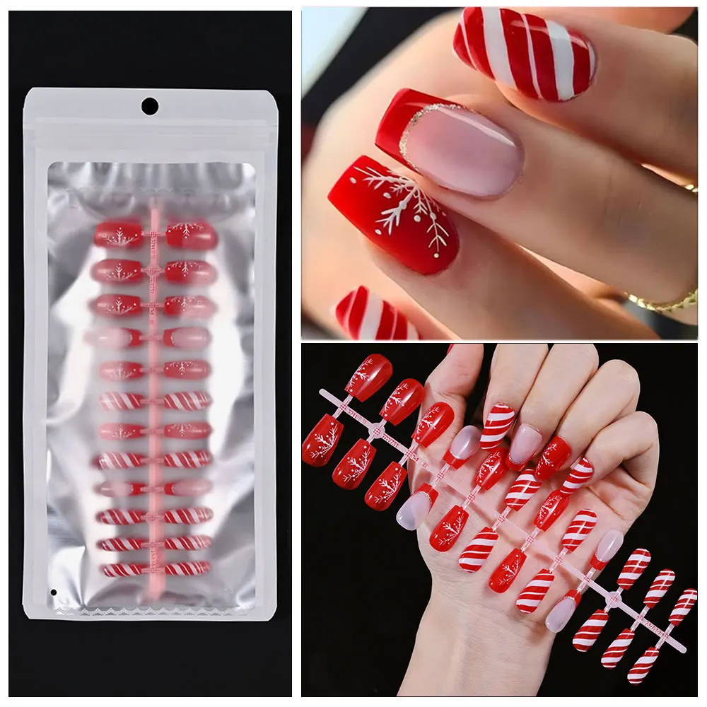 24Pcs Christmas Ballet French Fake Nail Press On False Nail Tips Con Stick-On Nails Designs Set Copertura Completa Accessori Per Nail Art