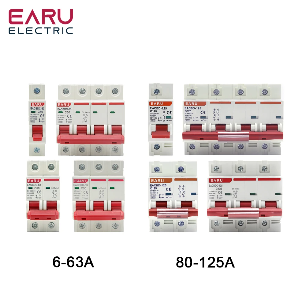 DC 1000V 1P 2P 3P 4P Solar Mini Circuit Breaker Overload Protection Switch6A~63A/80A 100A 125A MCB for Photovoltaic PV System