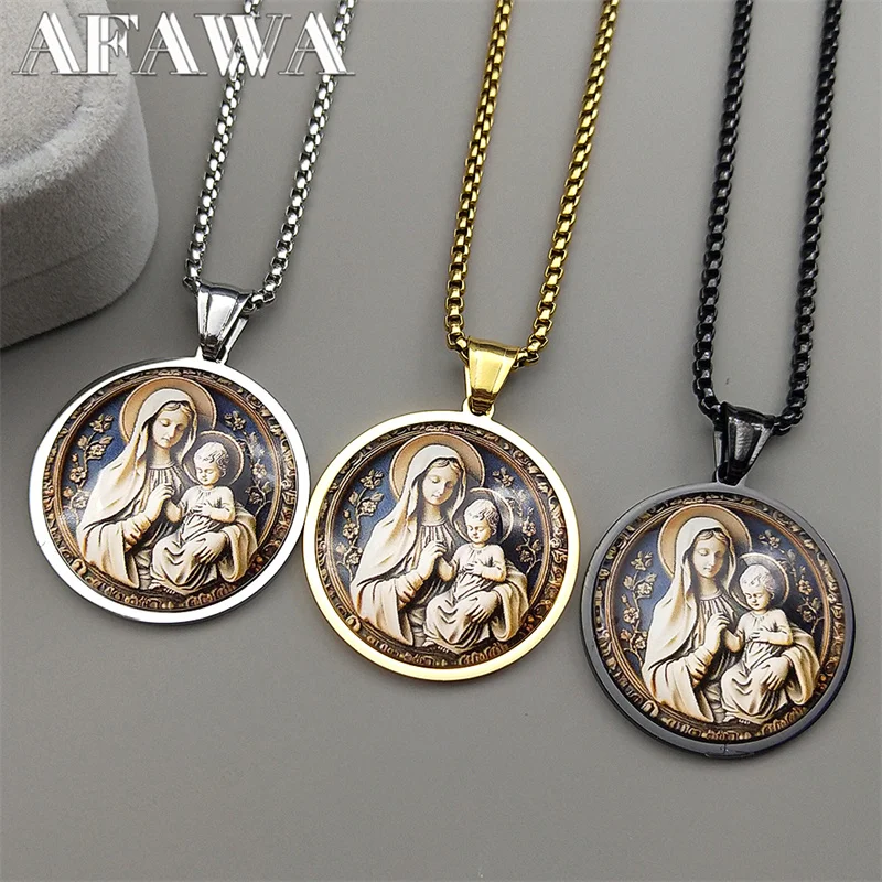Virgin Mary Hold Baby Jesus Glass Round Medal Pendant Necklace for Women Men Stainless Steel Gold Color Catholic Amulet Jewelry 4