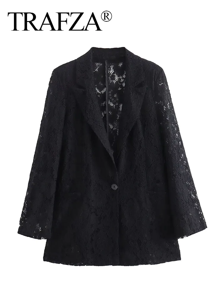 

TRAFZA Elegant Woman Long Sleeves Pocket Slim Coat Women Solid Lace Hollow Decorate Single Buckle Lapel Suit Top Streetwear