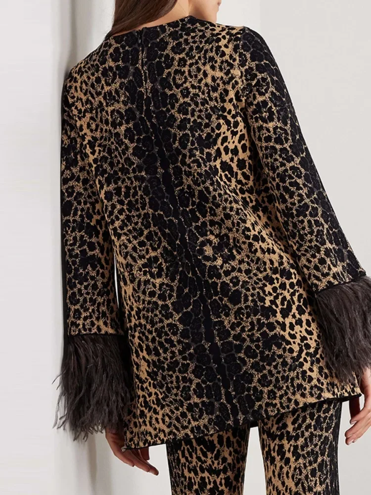 Onecozyday 2024 Women's Fashion Leopard Printed Round Neck Long Sleeves Shirt Top High Wasit Pants Feathers High Street Outfits 2