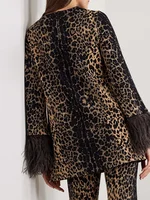 Onecozyday 2024 Women's Fashion Leopard Printed Round Neck Long Sleeves Shirt Top High Wasit Pants Feathers High Street Outfits 2