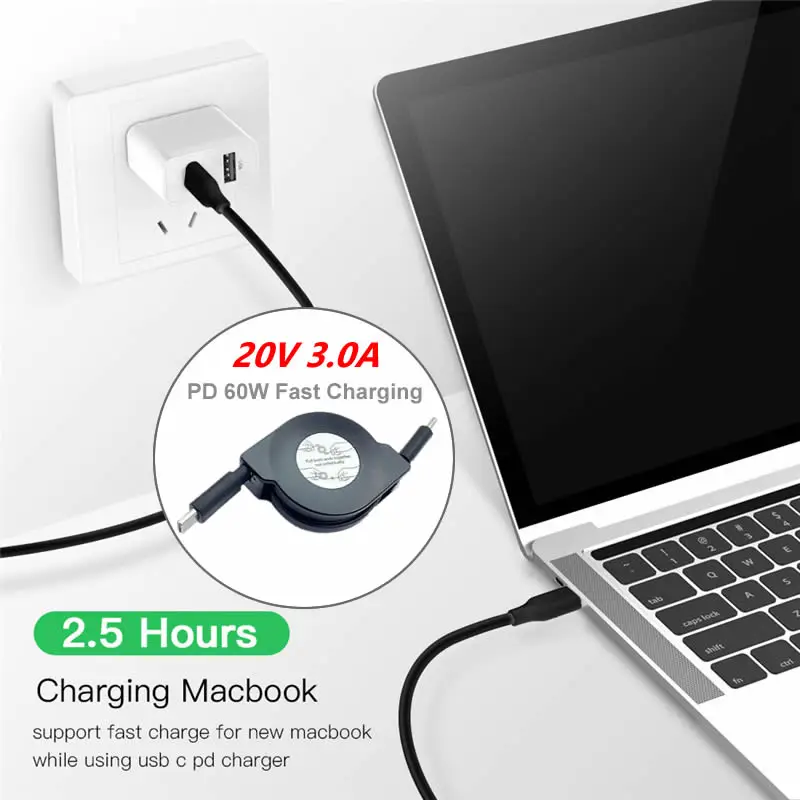 60W USB C Retractable Fast Charging Data Cable