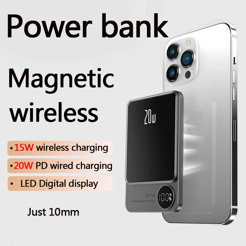 10000mAh Alloy Macsafe Powerbank Magnetic Power Bank Wireless Fast Charger For iPhone 15 14 13 12 11 Backup battery For Magsafe 2