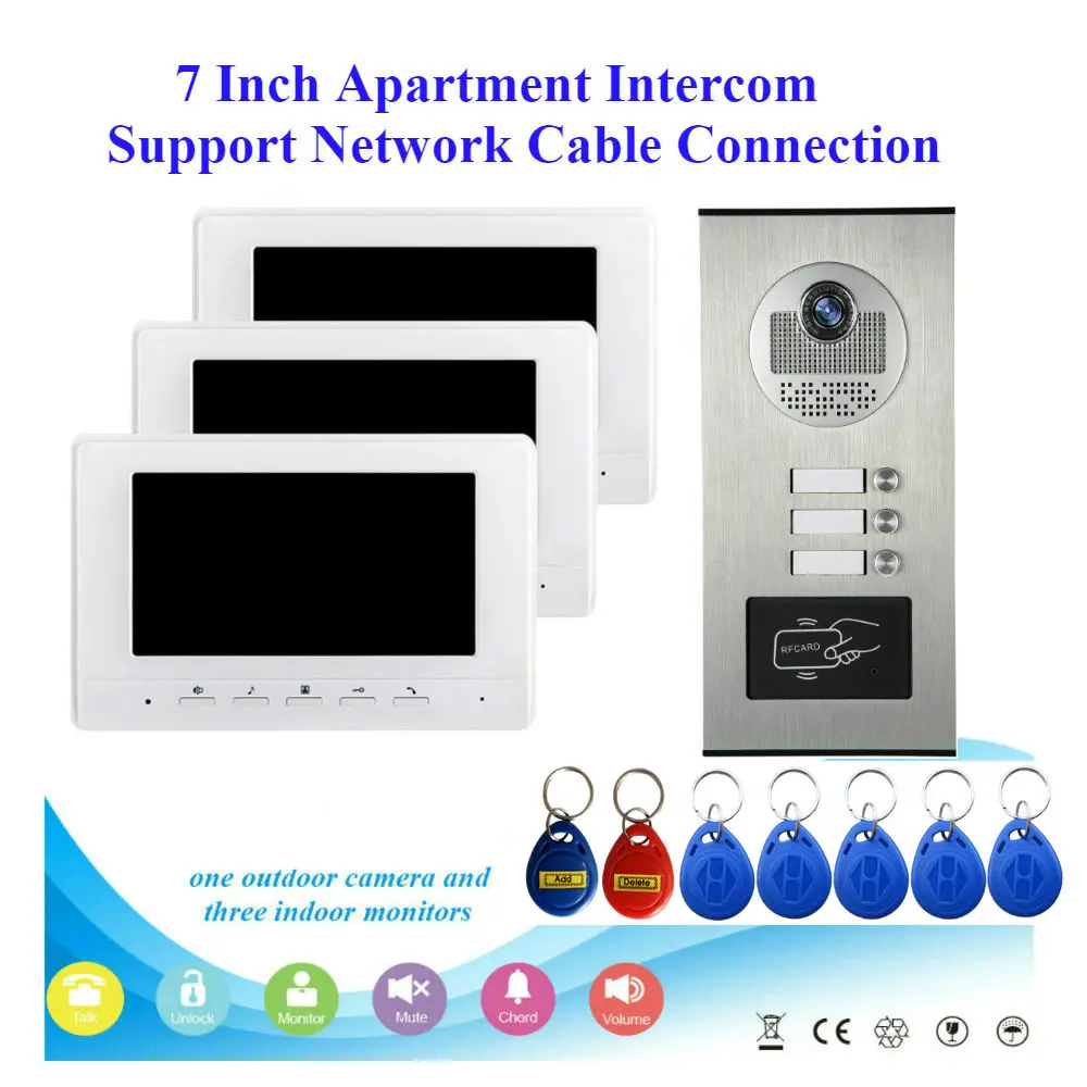 아파트 유선 네트워크 케이블 비디오 도어 폰 초인종 인터콤 시스템, 7 인치 모니터 RFID 액세스 잠금 해제 도어 인터콤, 6 유닛