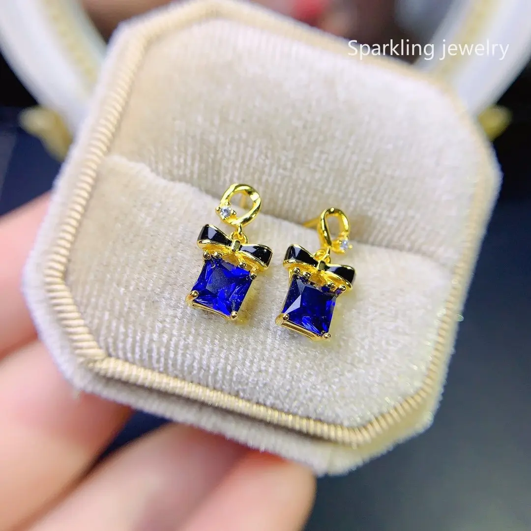 

5*5 Natural Square Bow Sapphire Earrings S925 Sterling Silver for Women Fine Fashion Charm Weddings Jewelry